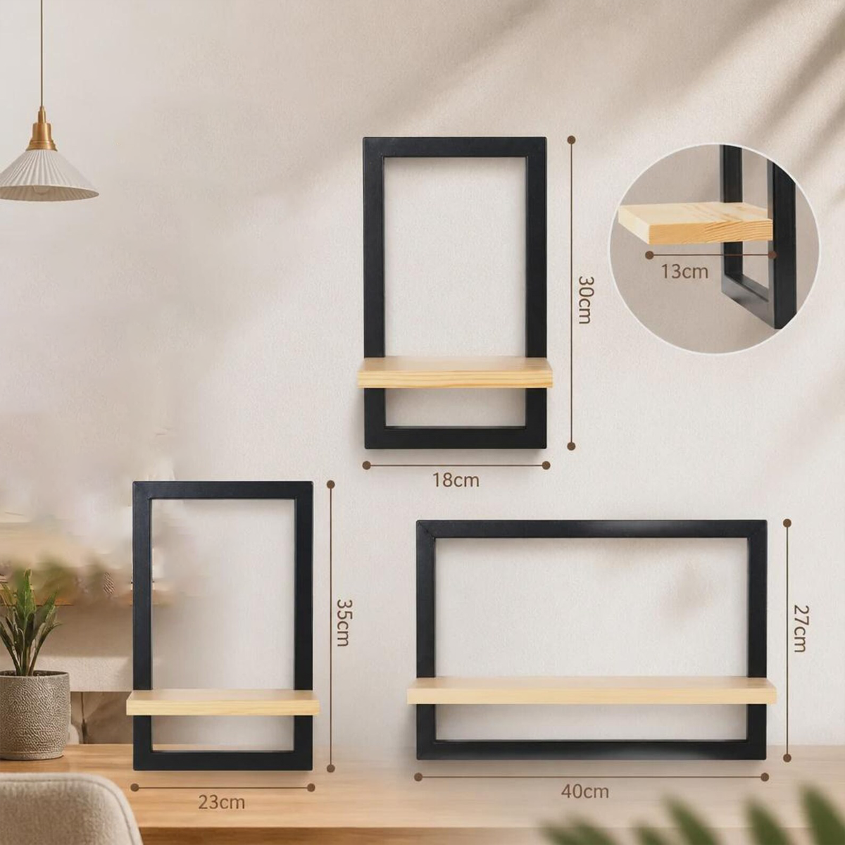 Set 3 rafturi plutitoare de perete din lemn și metal, decor minimalist
