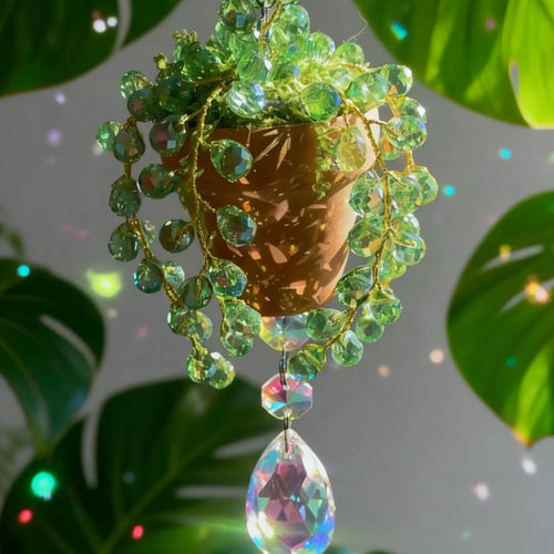 Decor suspendat manual cu cristal, model plantă în ghiveci teracotă