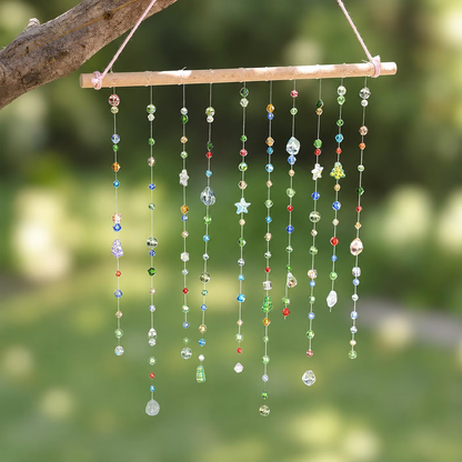 Clopoțel de vânt manual din lemn și sticlă, decor cu efect de curcubeu