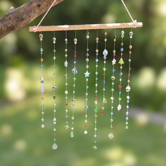 Clopoțel de vânt manual din lemn și sticlă, decor cu efect de curcubeu