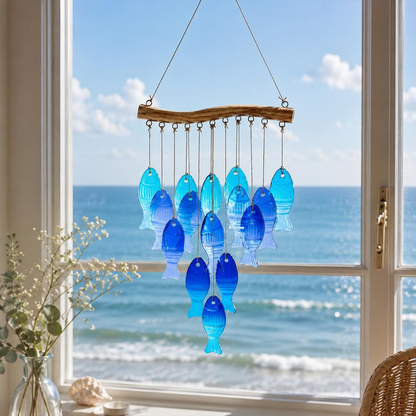 Clopoțel de vânt manual din sticlă, model pești albastri, decor de coastă