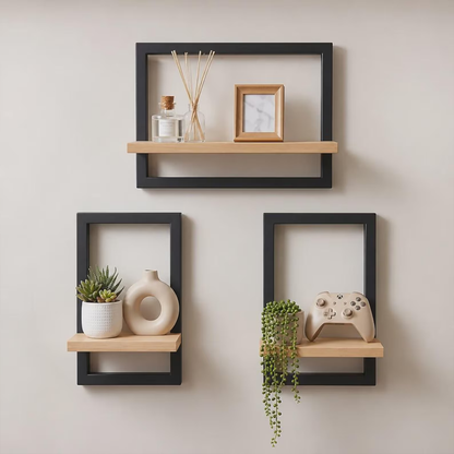 Set 3 rafturi plutitoare de perete din lemn și metal, decor minimalist